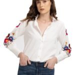 SHAYE White Casual Full Sleeves V-Neck Solid Cotton Top for Women