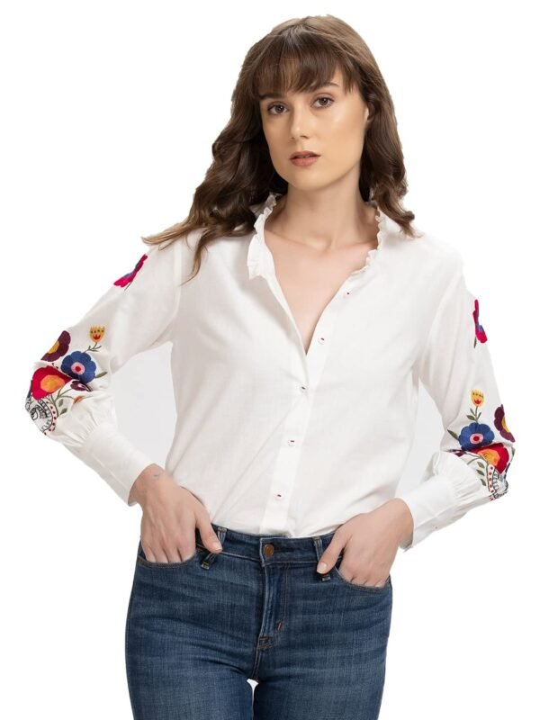 SHAYE White Casual Full Sleeves V-Neck Solid Cotton Top for Women