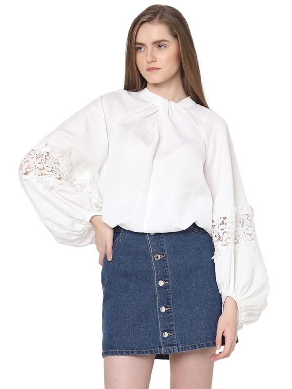 VERO MODA Tie-Up Neck Puff Sleeves Gathered Lace Detail Top